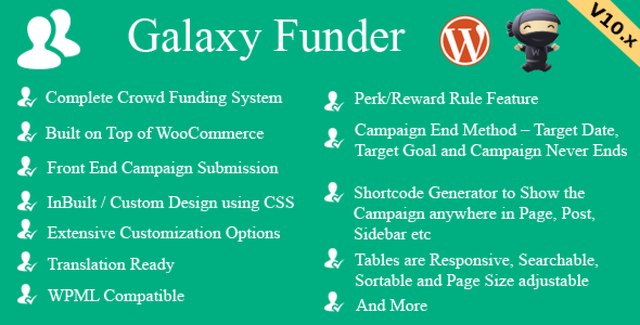 Galaxy Funder WooCommerce crowdfunding plugin dashboard showing campaign management interface