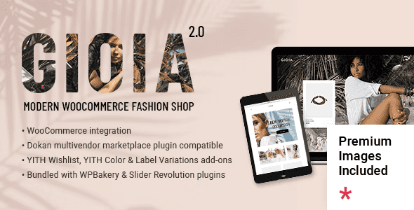 Gioia WooCommerce fashion theme homepage showing modern clothing store layout with product grid, header navigation, and featured banner