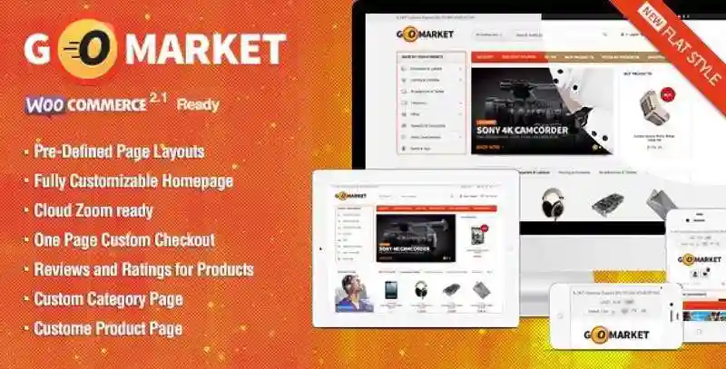 GoMarket WooCommerce supermarket theme bundle showing multiple grocery store homepage layouts in Elementor PRO