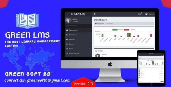 Green LMS library management system interface showing book management and reporting modules