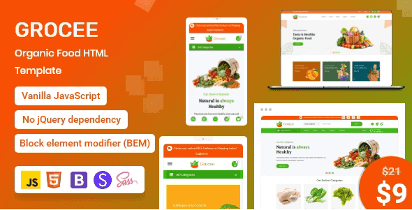 Grocee organic food ecommerce HTML template homepage preview showing fresh produce and agriculture website design