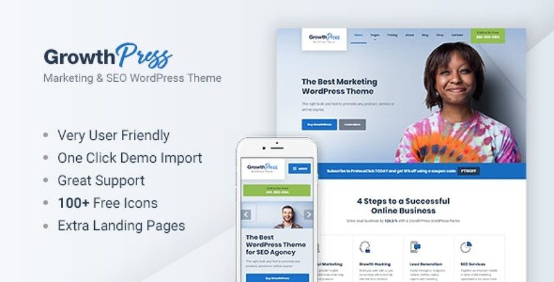 GrowthPress Marketing and SEO WordPress Theme homepage layout
