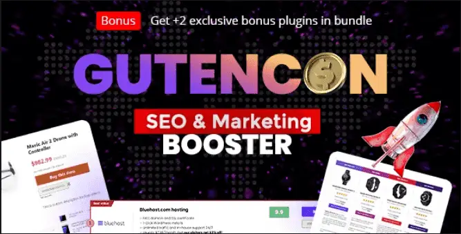 Gutencon plugin interface showing listing and review builder blocks in WordPress Gutenberg editor