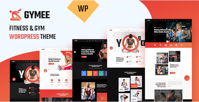 Gymee fitness WordPress theme preview showing gym website design