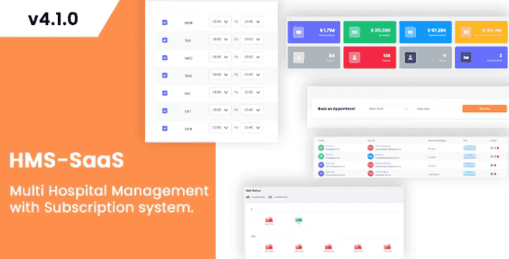 Laravel Hospital Management System admin dashboard showing multi-hospital overview and appointment booking interface