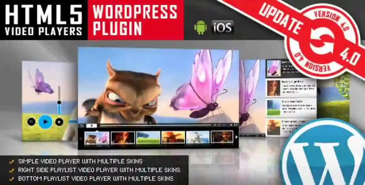 HTML5 Video Player WordPress Plugin with responsive playlist layout and customizable skin