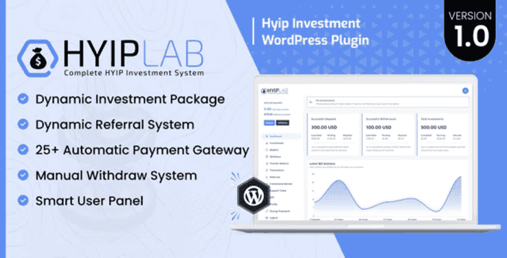 HYIPLab HYIP Investment WordPress Plugin interface on desktop and mobile devices