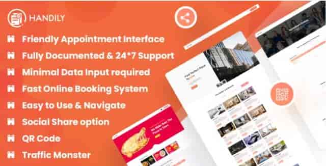 Handily Booking System WordPress Plugin interface showing appointment and hotel reservation management