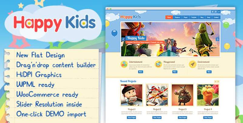 Happy Kids preschool WordPress theme homepage preview with colorful children's education design