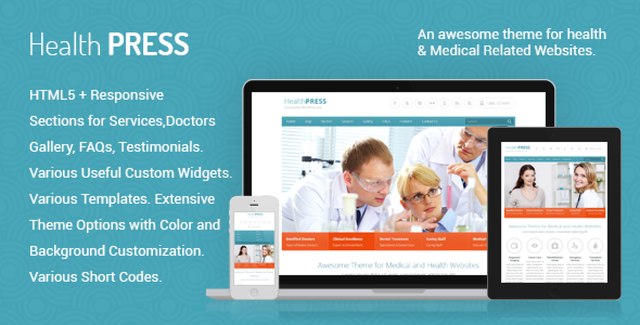 HealthPress medical WordPress theme preview showing responsive healthcare website design with Elementor Pro