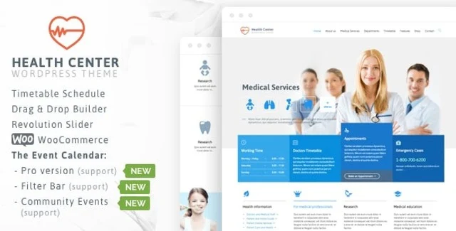 Medical WordPress theme preview showing a professional doctor and dentist website layout with booking forms