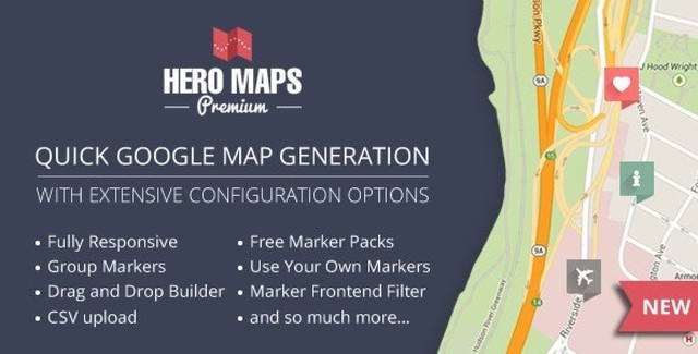 Hero Maps Premium WordPress Google Maps Plugin interface showing marker clustering and customization options