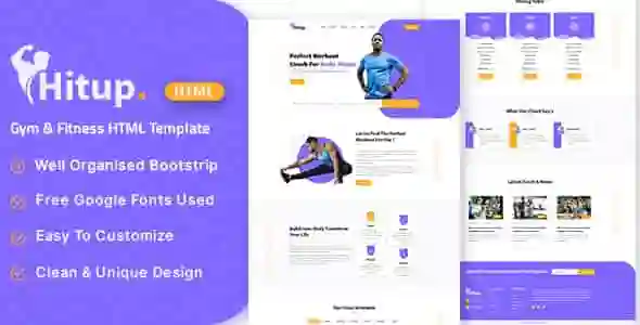 Hitup fitness gym HTML5 template preview with Elementor PRO