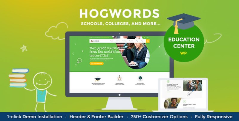 Hogwords education WordPress theme demo showing school and university website layout