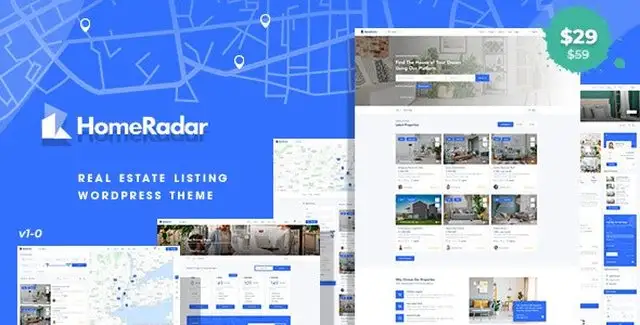 HomeRadar real estate WordPress theme demo showing modern property listings