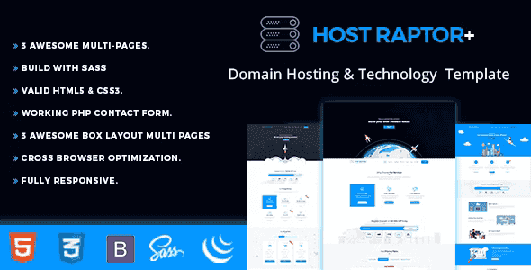HostRaptor Plus hosting domain template HTML with modern responsive layout and fixed navigation menu