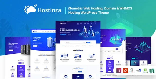Hostinza isometric web hosting WordPress theme homepage preview