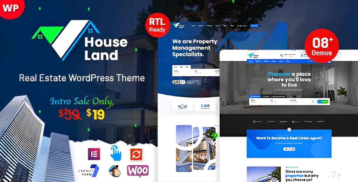 Houseland real estate WordPress theme with Elementor PRO responsive design