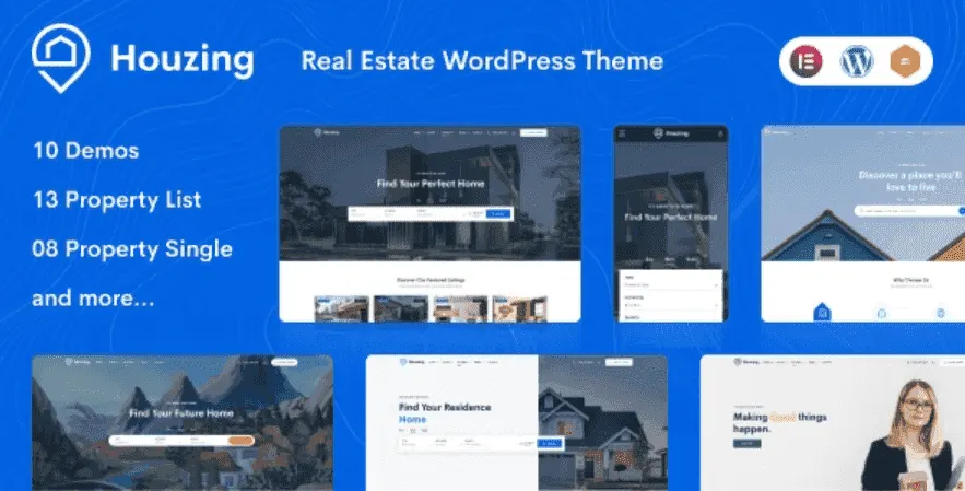 Houzing real estate WordPress theme with Elementor showing property listings and search interface