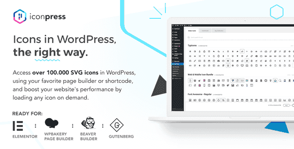IconPress Pro WordPress icon plugin interface showing the icon library and built-in SVG editor for Elementor and Gutenberg
