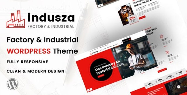 Indusza Industrial WordPress Theme preview showing a professional factory and construction website layout