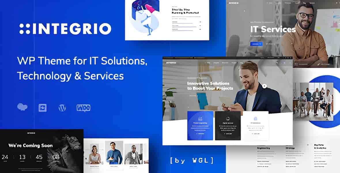 Integrio IT solutions WordPress theme homepage layout with modern corporate design