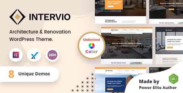 Intervio interior architecture WordPress theme demo showcasing modern minimalist design studio website layout