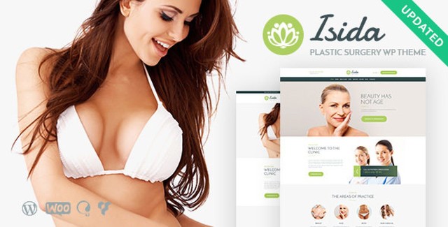 Isida WordPress theme homepage showing plastic surgery clinic design with Elementor Pro layout