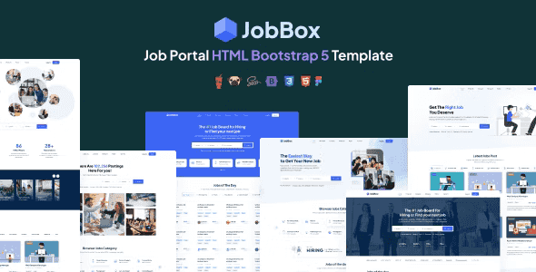 JobBox HTML5 job board template showcasing responsive design and admin panel interface