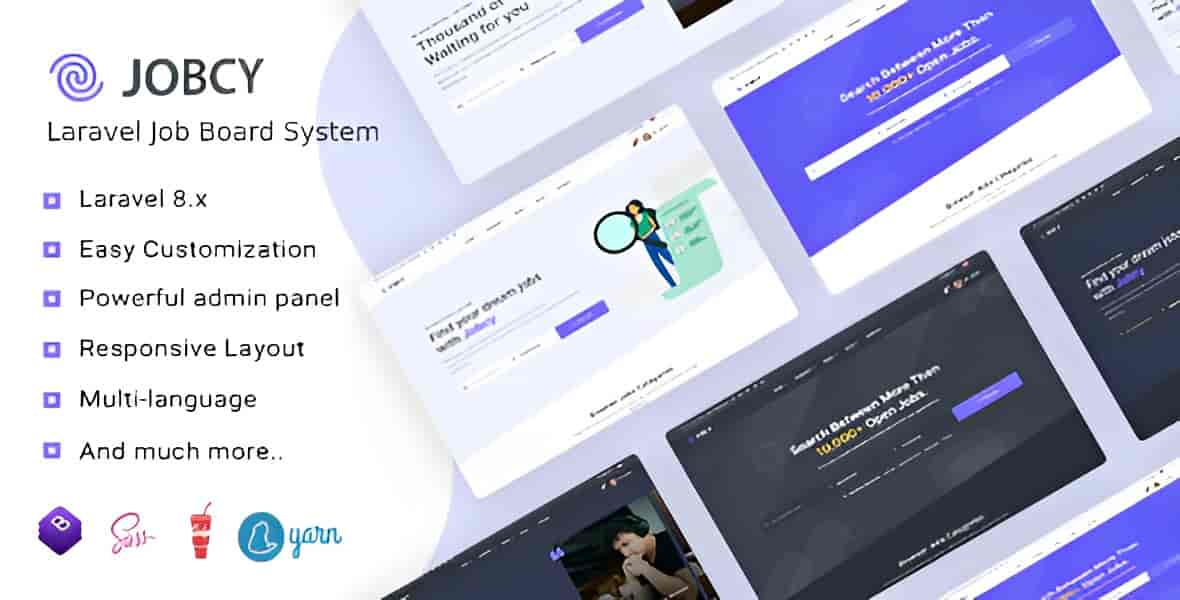 Jobcy Laravel job board script interface showing job listing and employer dashboard