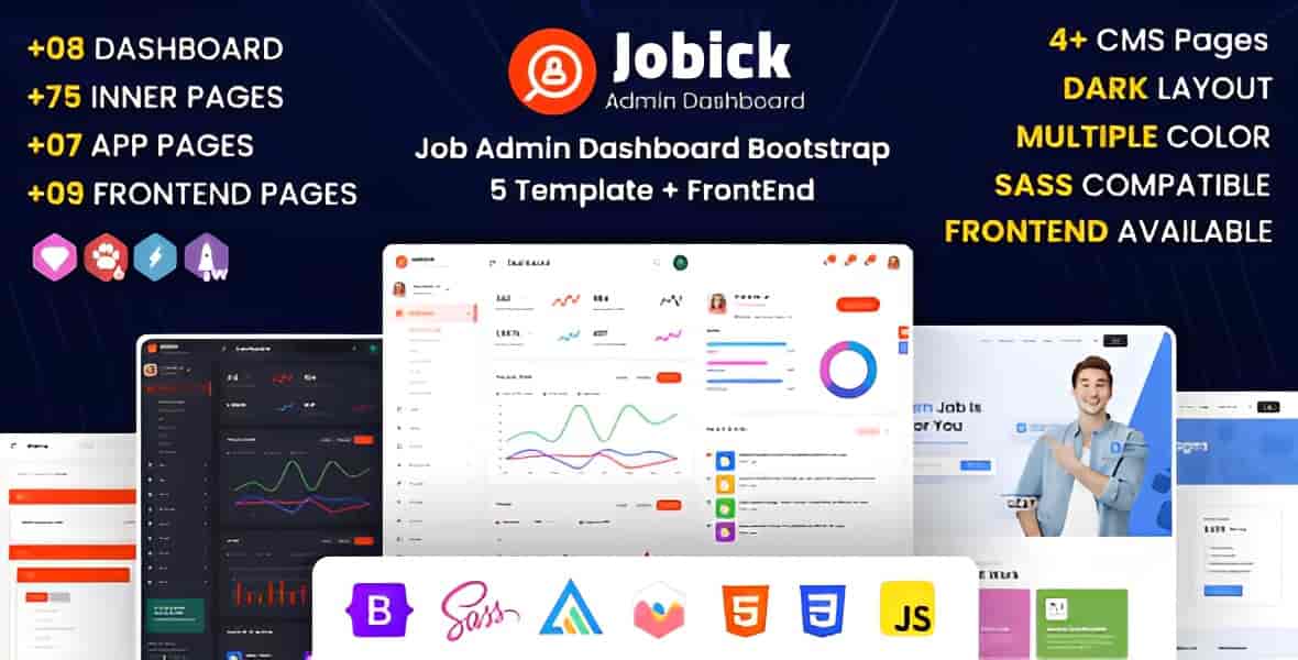 Jobick Bootstrap 5 admin dashboard template showing light and dark theme variations with responsive layout