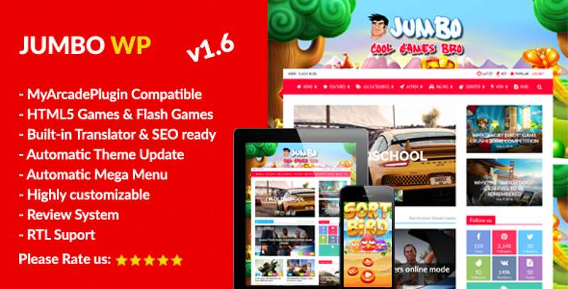 Jumbo WordPress Magazine and Arcade Theme interface displaying a responsive gaming website layout