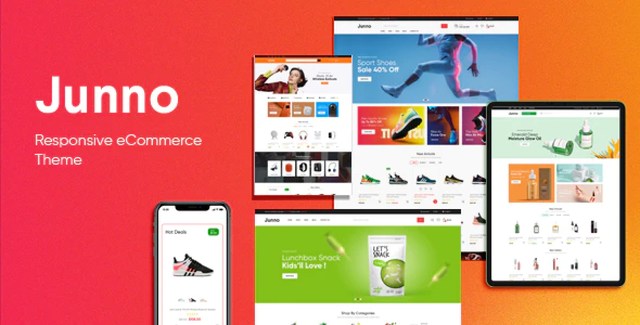 Junno multipurpose WordPress theme showcasing colorful homepage layouts and WooCommerce product sliders