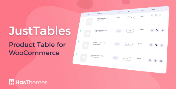 JustTables Pro WooCommerce product table plugin displaying sortable and filterable product listings