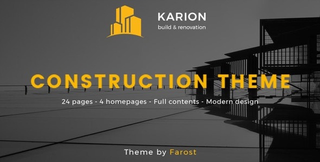 Karion construction WordPress theme preview showcasing responsive layout for building firms and trade professionals