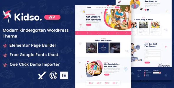 Kidso kindergarten WordPress theme homepage preview showcasing a modern education website layout