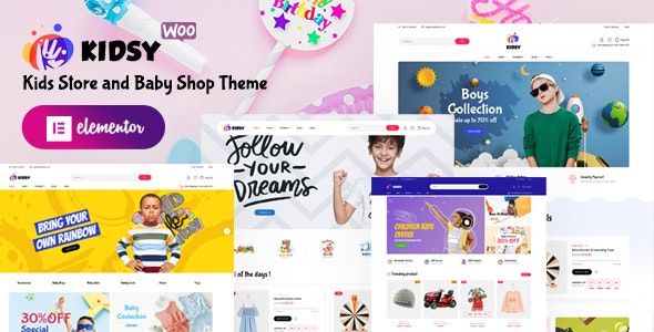Kidsy kids store and baby shop WordPress theme demo showcasing product categories and banner sliders
