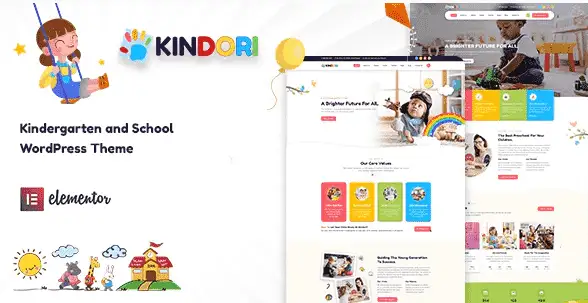 Kindori Kindergarten WordPress Theme demo showing a colorful preschool website layout