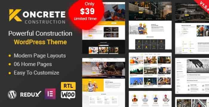 Koncrete construction WordPress theme homepage preview showing professional building company website layout
