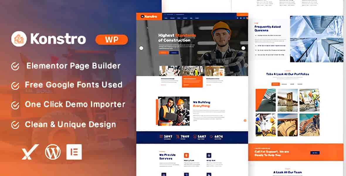 Konstro Construction WordPress Theme demo showcasing professional construction website design with Elementor