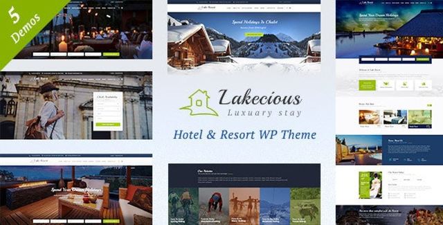 Lakecious resort and hotel WordPress theme demo showing responsive accommodation website design