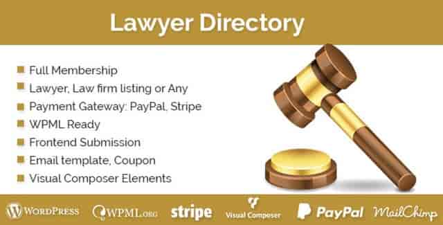 Lawyer Directory WordPress Plugin interface showing legal listing management and membership features