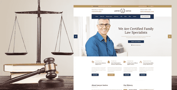 Lawyer and Justice responsive law firm website template with practice areas, attorney profiles, and booking forms