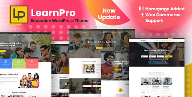 LearnPro online course education WordPress theme demo showing modern LMS website design
