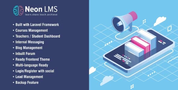 NeonLMS Laravel LMS script dashboard showing course management interface