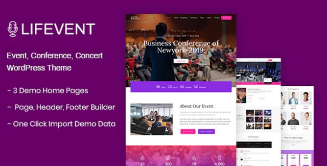 Lifevent Conference WordPress Theme homepage demo showcasing event schedule and speaker layouts built with Elementor