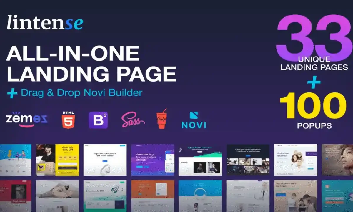 Lintense all-in-one landing page template collection showing 33 responsive HTML5 Bootstrap 5 designs for corporate, agency, and business websites