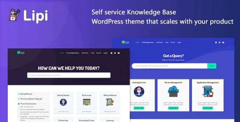 Lipi WordPress theme dashboard showing knowledge base and FAQ layout options