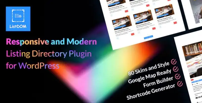 Listdom WordPress directory listing plugin interface with map and grid display options