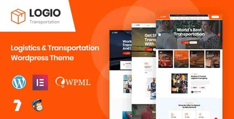 Logio logistics WordPress theme homepage showing Elementor-built transportation service layout with fleet showcase and quote request form